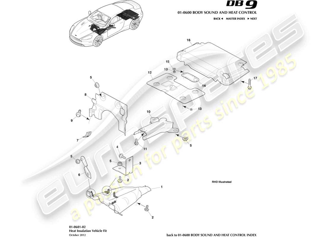 aston martin db9 (2014) heat insulation, vehicle fit part diagram