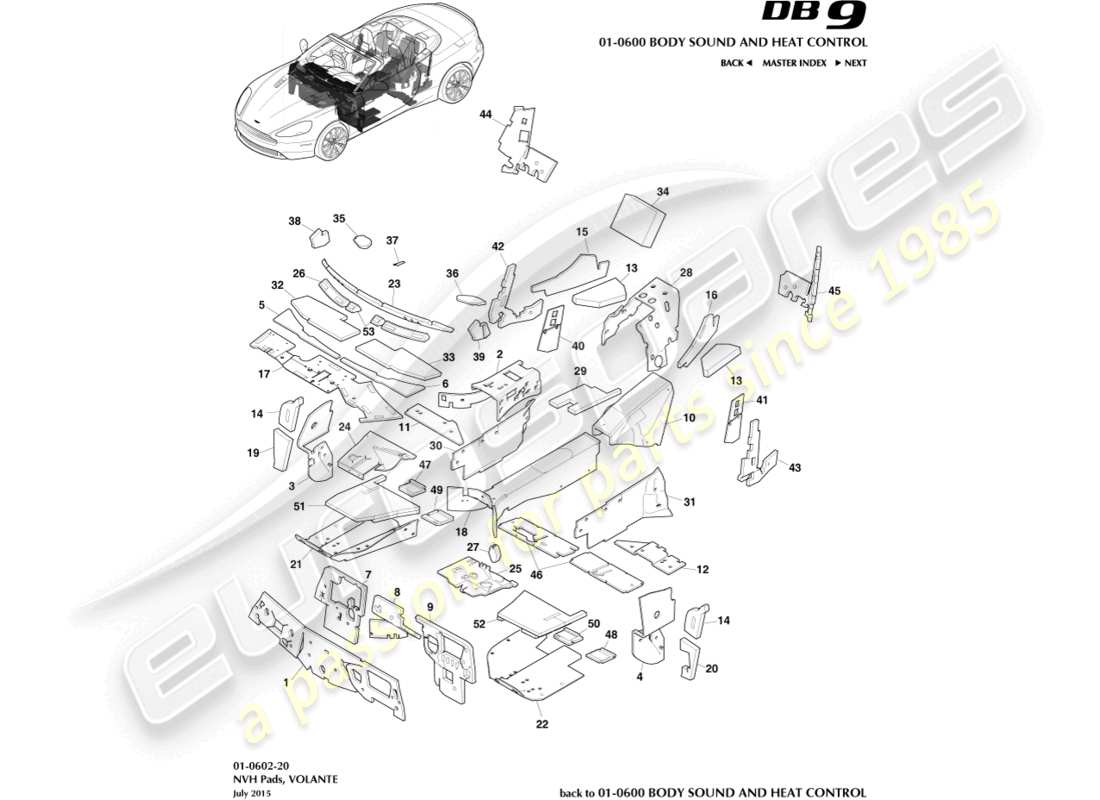 aston martin db9 (2014) nvh pads, volante part diagram