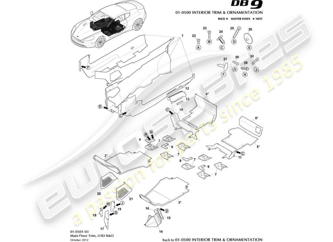 aston martin db9 (2014) main floor trim, lhd, b&o part diagram