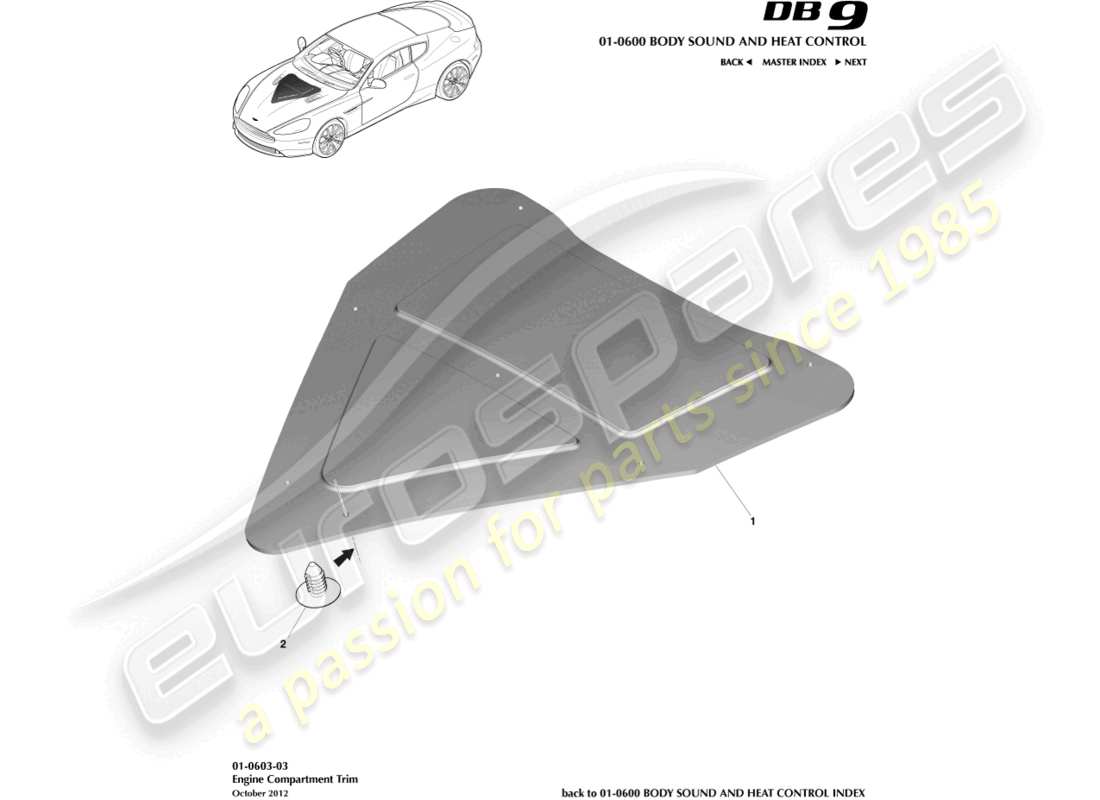 aston martin db9 (2014) engine compartment trim part diagram