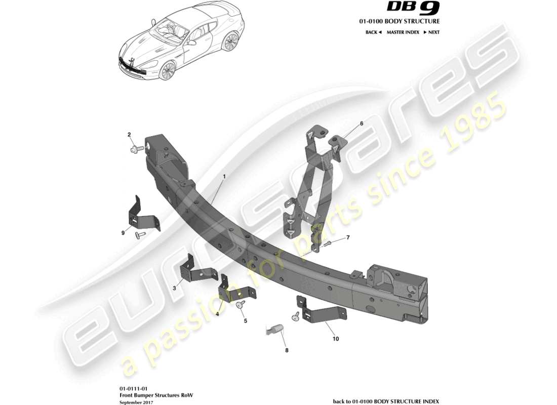 aston martin db9 (2014) front bumper structure, row part diagram