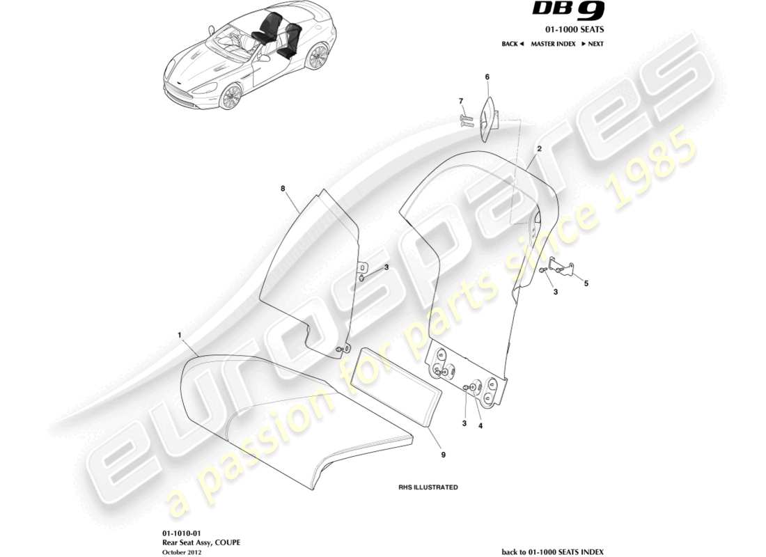 aston martin db9 (2014) rear seats, coupe part diagram