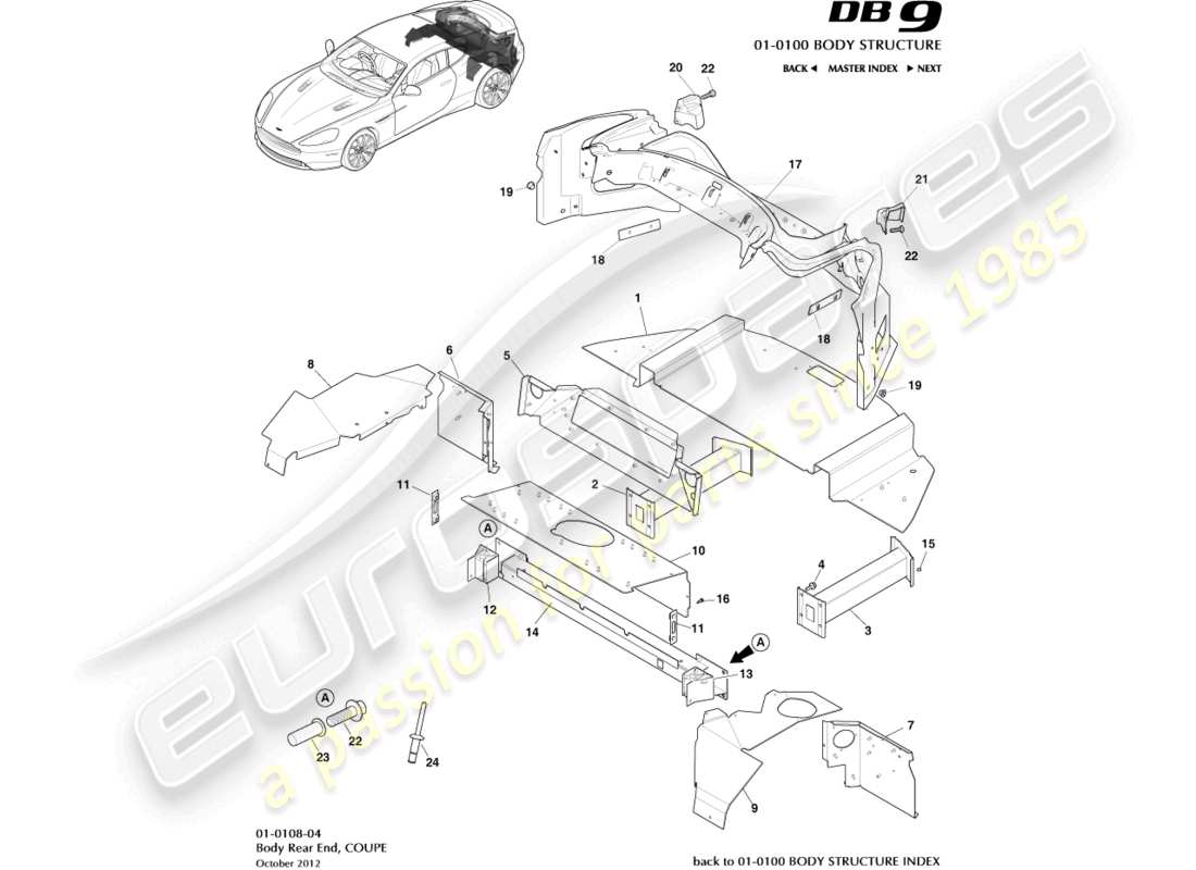 aston martin db9 (2014) body rear end, coupe part diagram