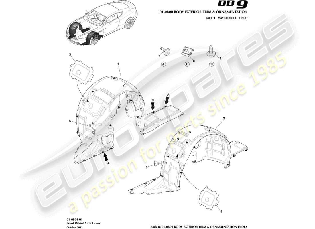 aston martin db9 (2014) front wheel arch liners part diagram