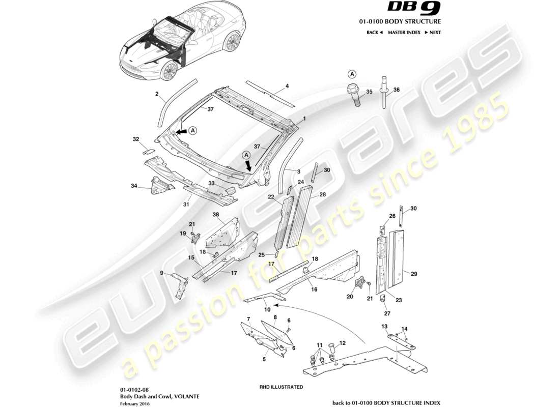 aston martin db9 (2014) body dash & cowl, volante part diagram