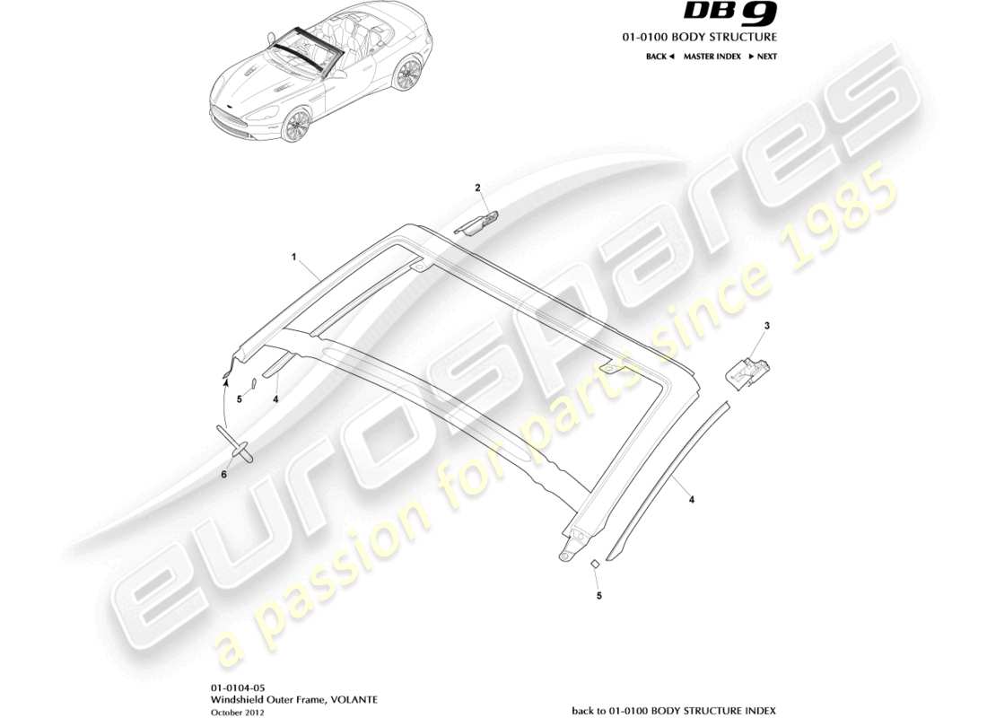 aston martin db9 (2015) windshield outer frame, volante part diagram