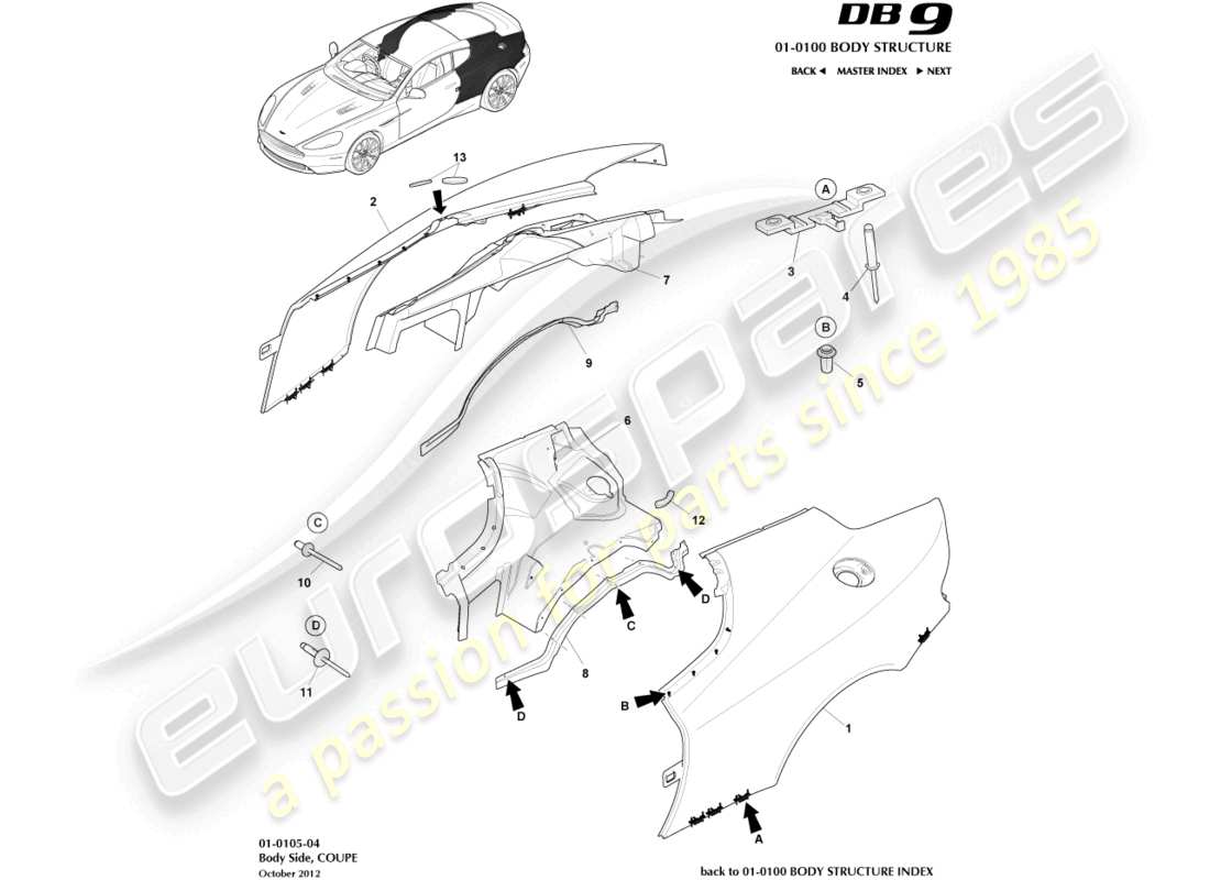 aston martin db9 (2015) body side, coupe part diagram