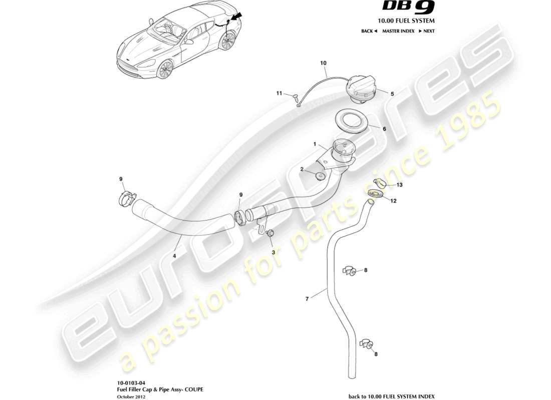 aston martin db9 (2014) fuel filler assembly, coupe part diagram