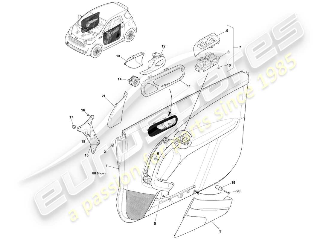 aston martin cygnet (2012) front door trim panel parts diagram