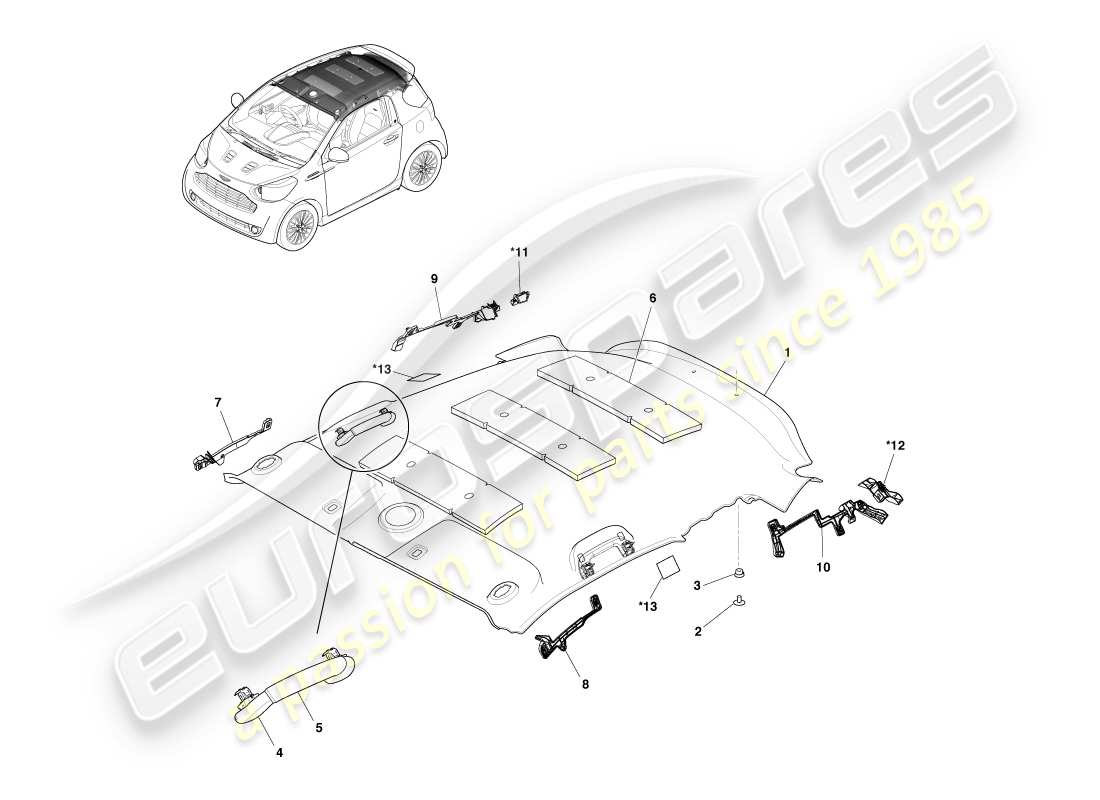 aston martin cygnet (2012) headliner assembly parts diagram