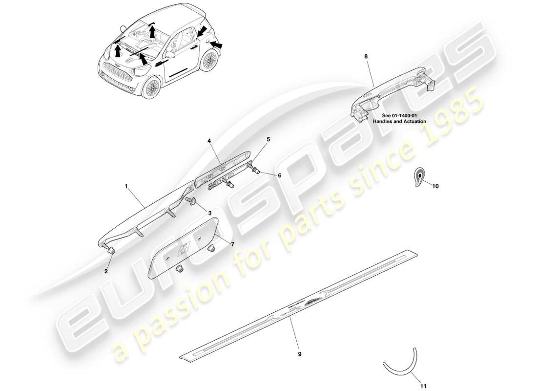 aston martin cygnet (2012) body side and quarter ornamentation parts diagram