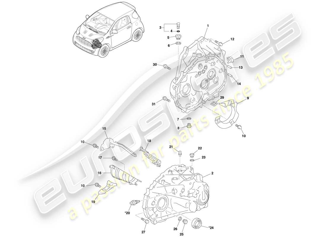 aston martin cygnet (2012) clutch housing and transmission case parts diagram