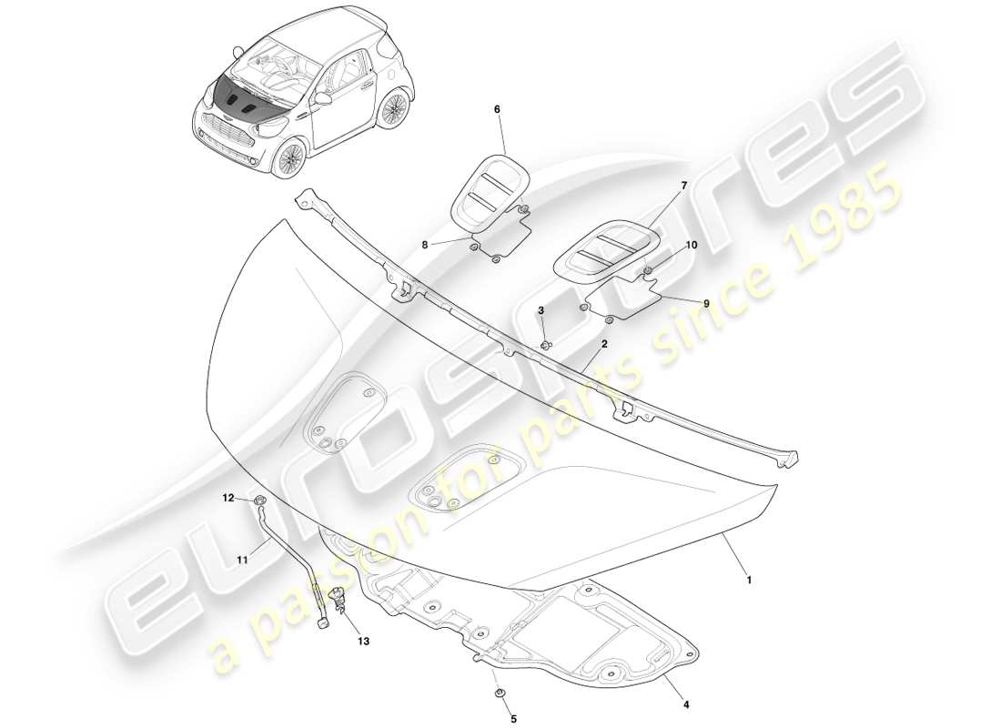 aston martin cygnet (2012) front bonnet assembly parts diagram