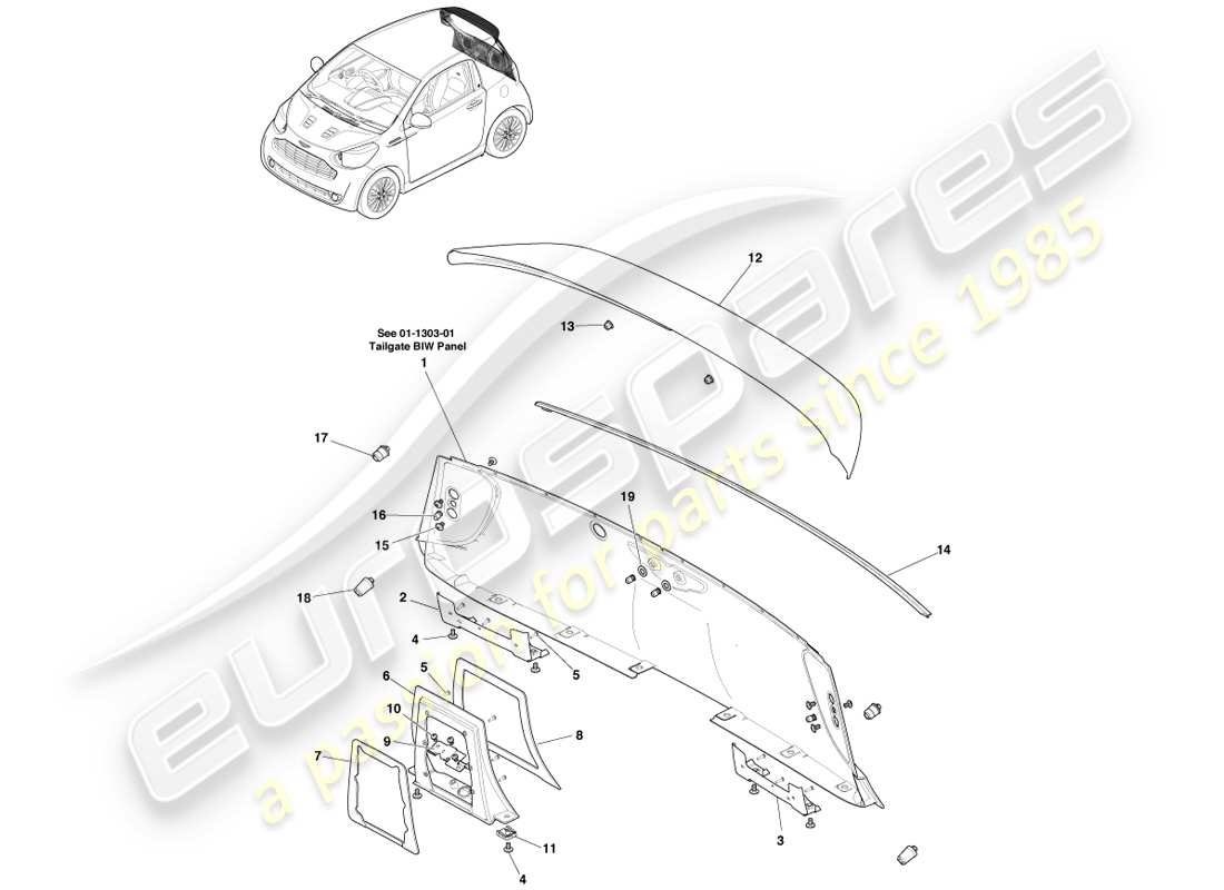 aston martin cygnet (2012) tailgate panels & fixings parts diagram