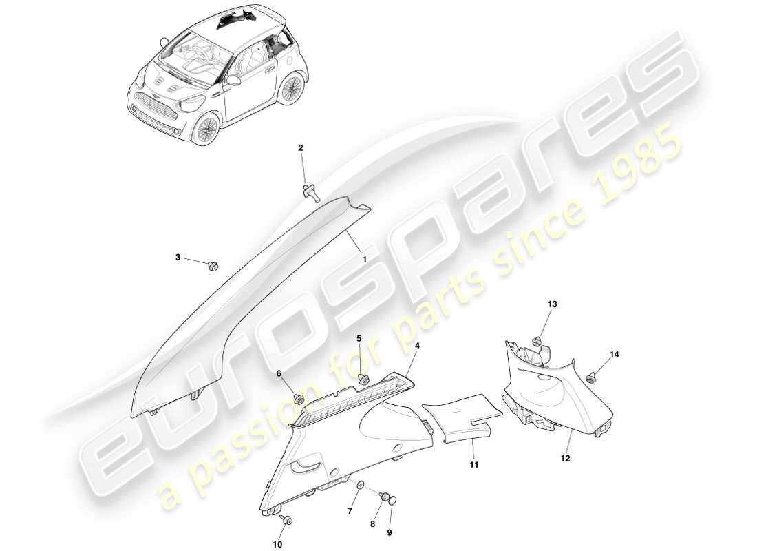 aston martin cygnet (2012) upper pillar trim parts diagram