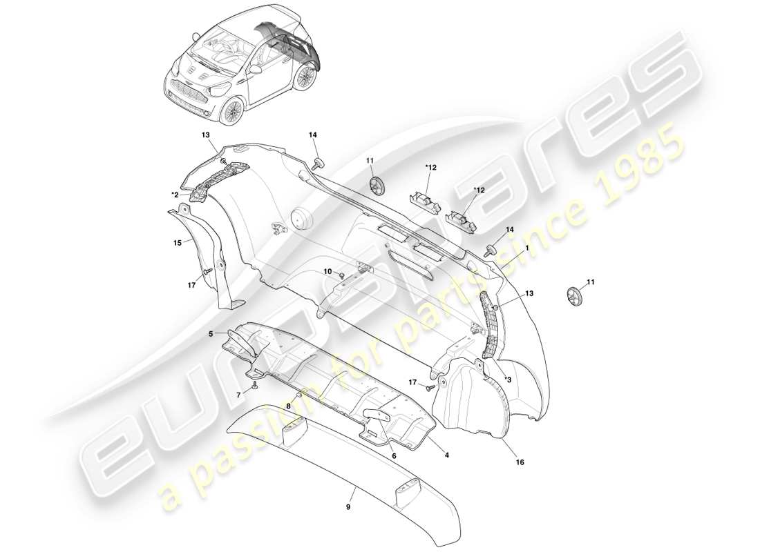 aston martin cygnet (2012) rear bumper assy parts diagram