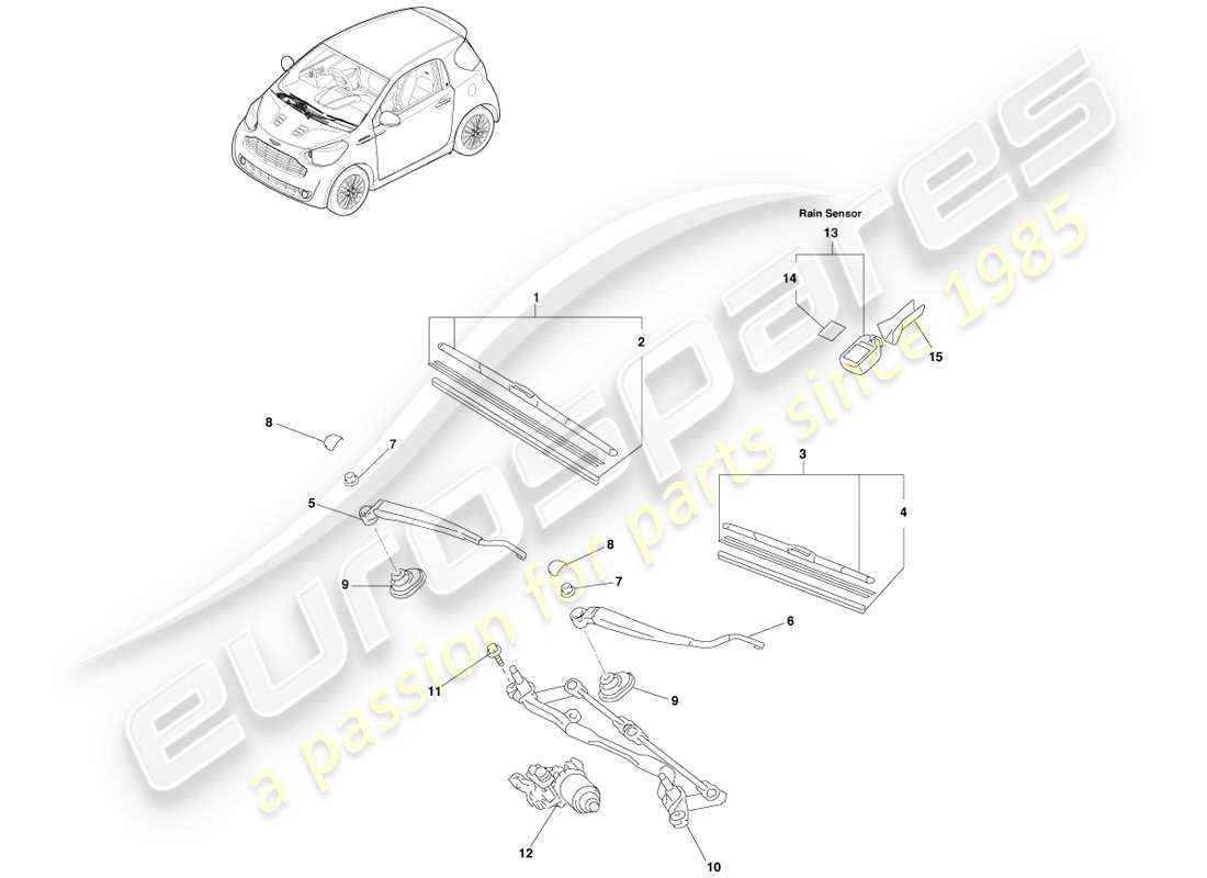 aston martin cygnet (2012) front windscreen wiper, rhd parts diagram