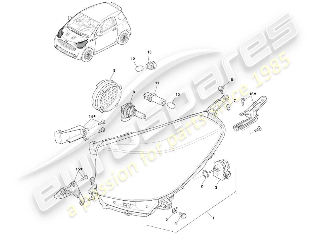 aston martin cygnet (2012) front headlights parts diagram