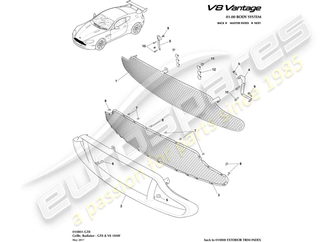 aston martin v8 vantage (2006) radiator grille, gt8 & v8 18my part diagram