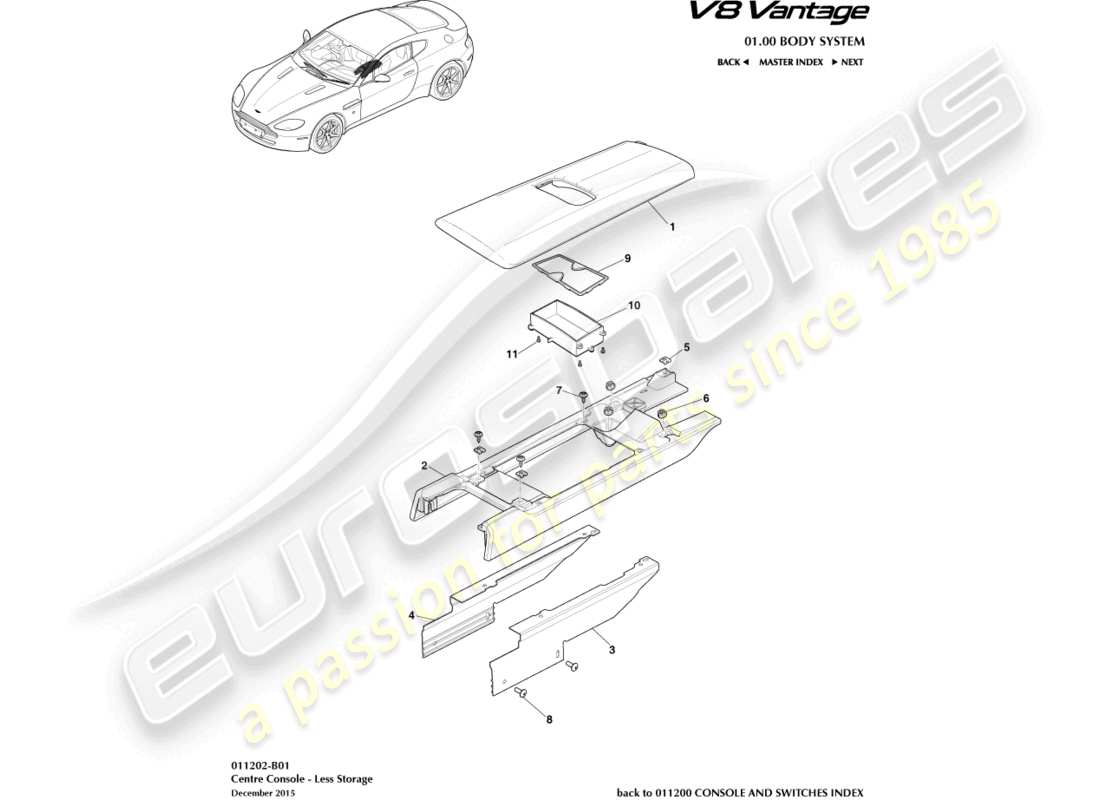 aston martin v8 vantage (2012) centre console less armrest part diagram