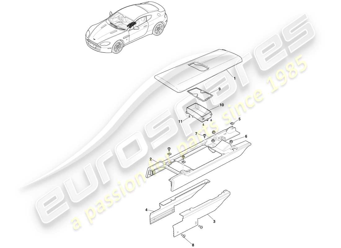 aston martin v8 vantage (2007) centre console less armrest part diagram