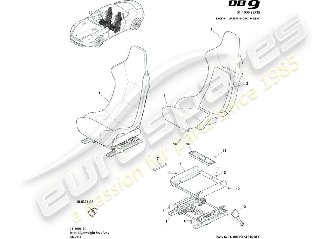 aston martin db9 (2014) front lightweight seats part diagram