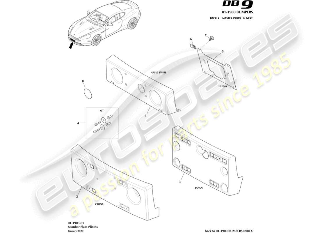 aston martin db9 (2014) number plate plinths part diagram