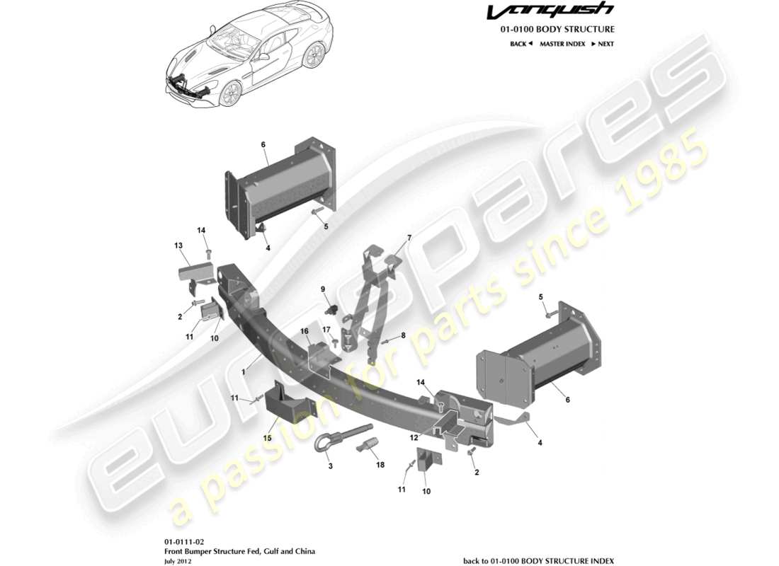 aston martin vanquish (2018) front bumper structure, federal part diagram