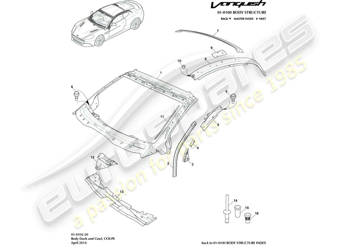 aston martin vanquish (2018) body dash & cowl, coupe part diagram