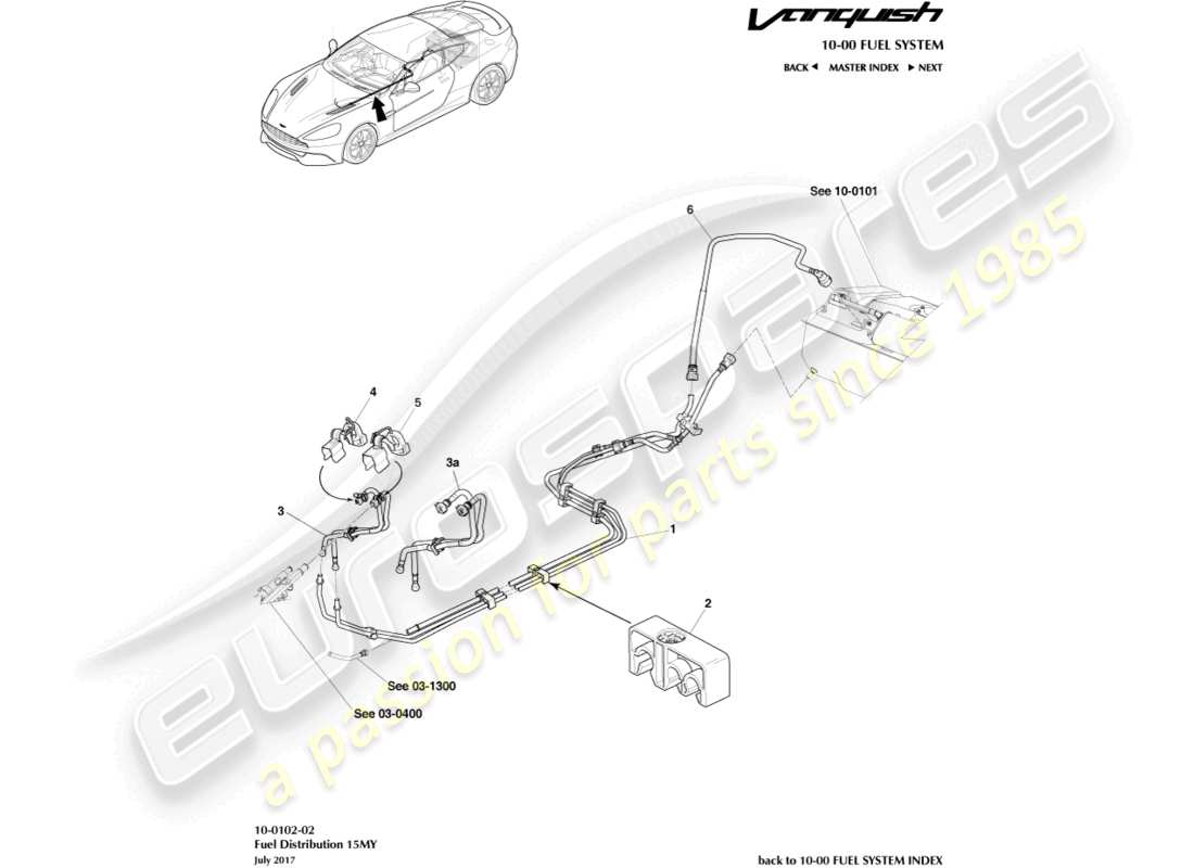 aston martin vanquish (2018) fuel distribution, 15my on part diagram