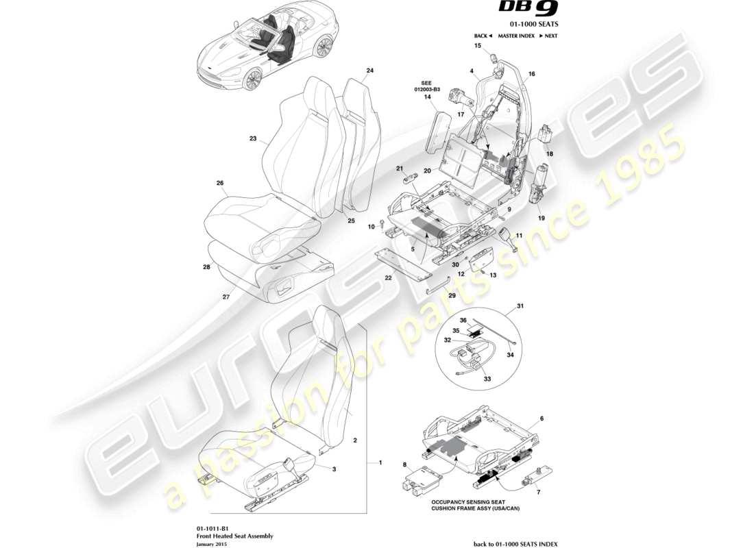 aston martin db9 (2014) front heated seats part diagram