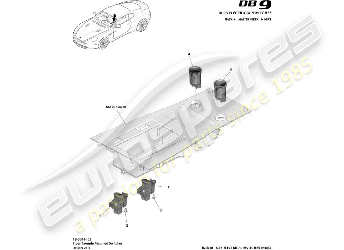 aston martin db9 (2014) floor console switches part diagram