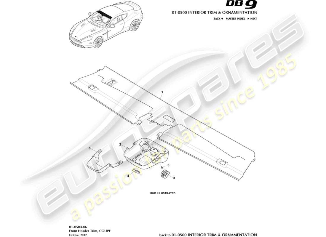 aston martin db9 (2014) front header trim, coupe part diagram