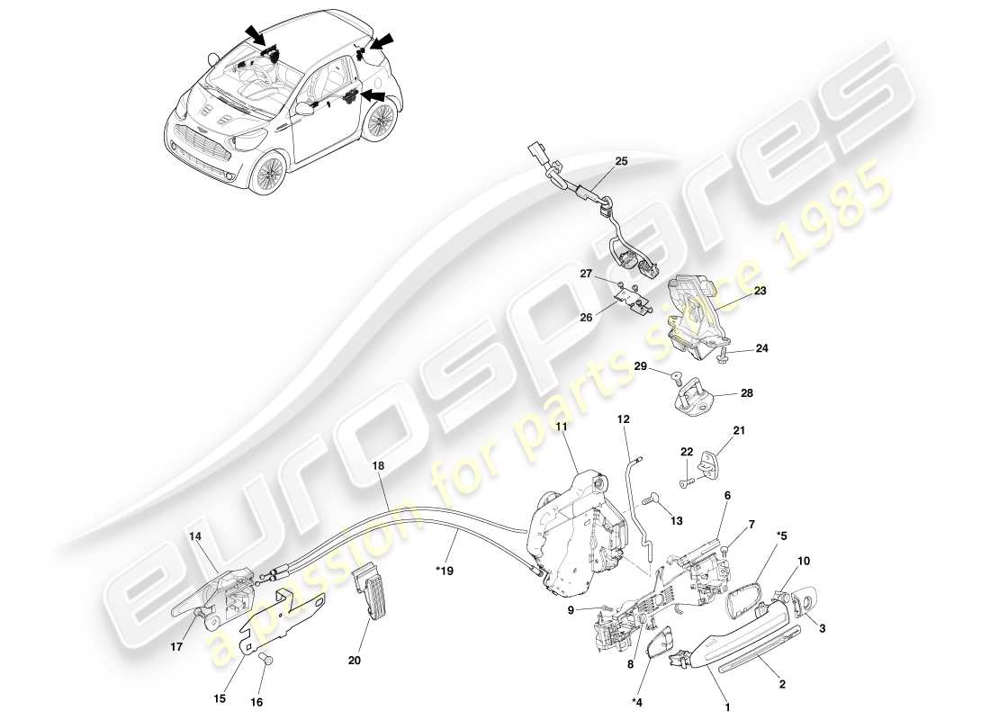 aston martin cygnet (2012) handle and actuation parts diagram