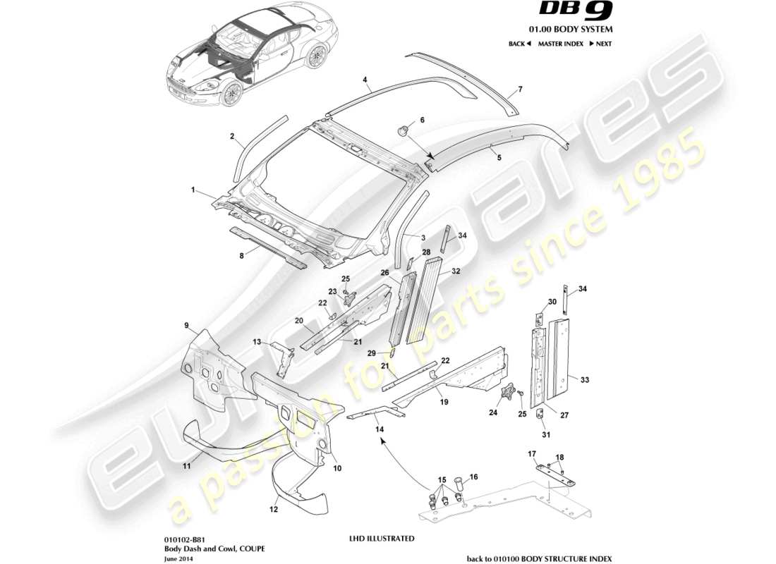 aston martin db9 (2007) body dash and cowl, coupe part diagram