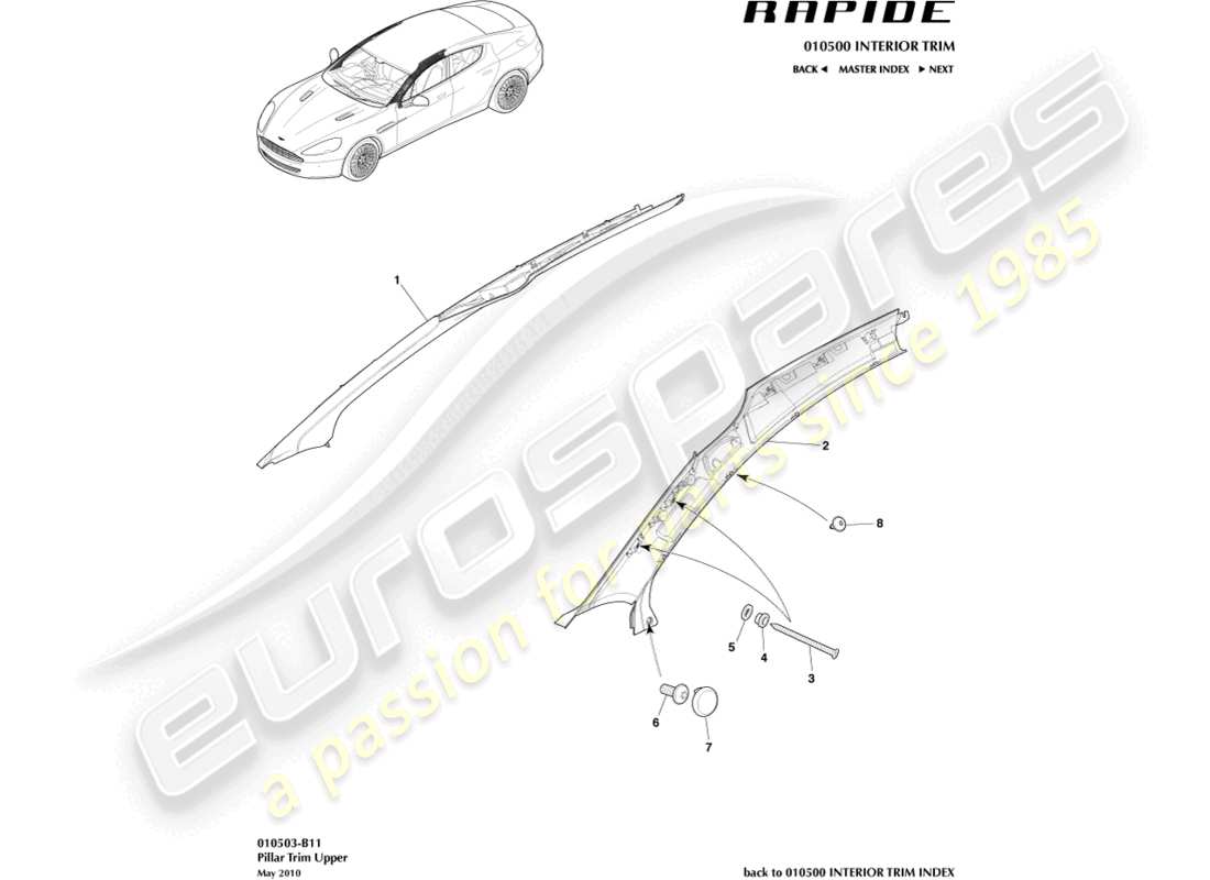 aston martin rapide (2011) a pillar trim part diagram