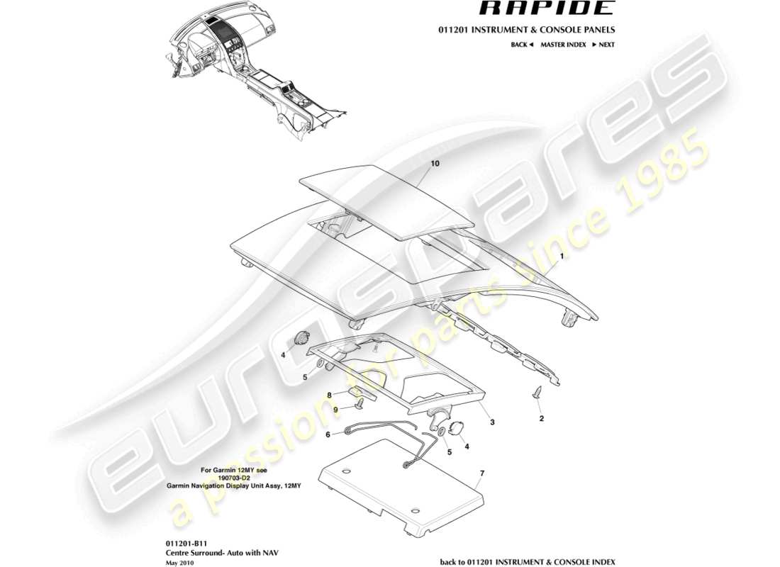 aston martin rapide (2011) centre stack trim panel part diagram