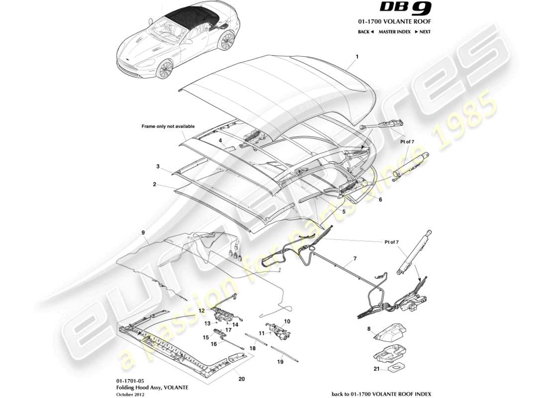 aston martin db9 (2014) volante roof assembly part diagram