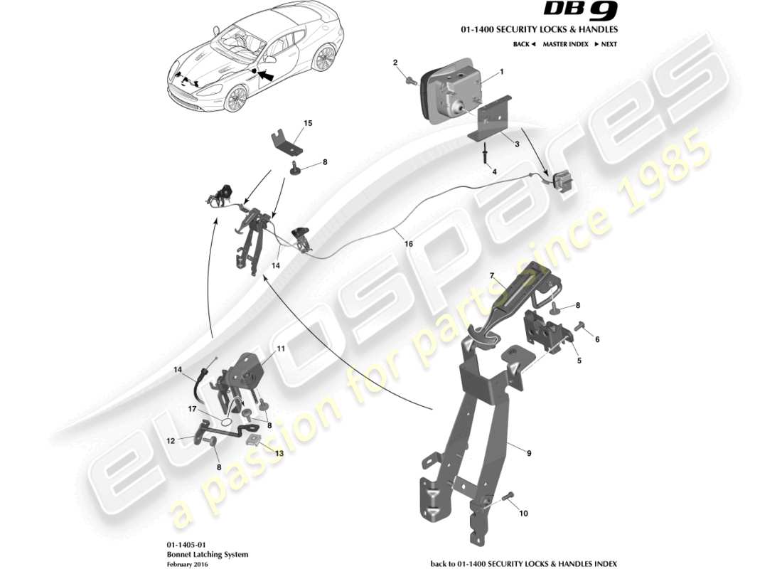 aston martin db9 (2015) bonnet latch & actuation part diagram