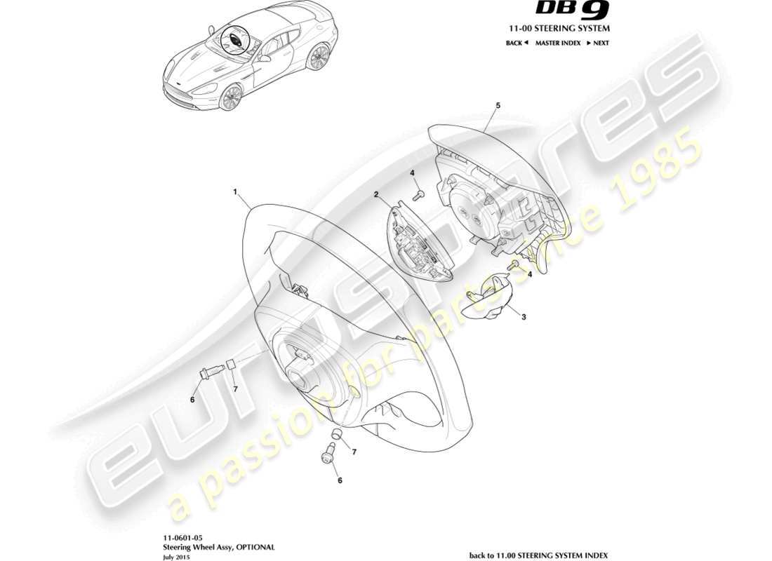 aston martin db9 (2014) steering wheel, optional part diagram