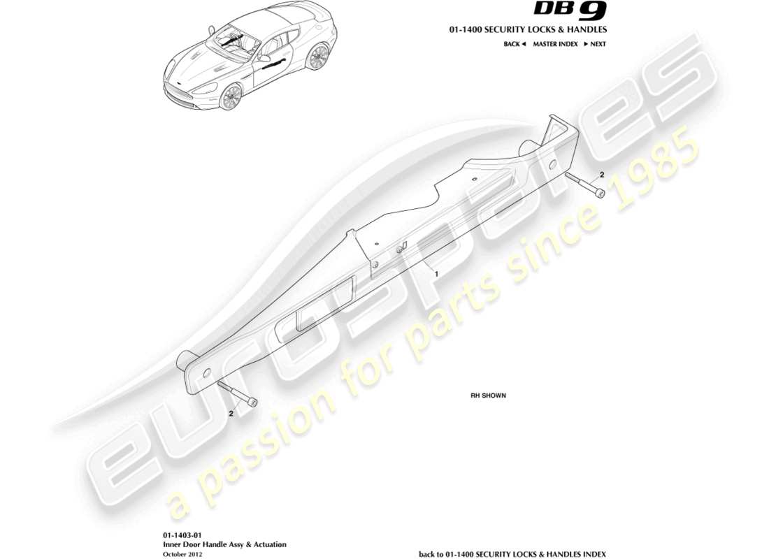 aston martin db9 (2014) inner handles & actuation part diagram