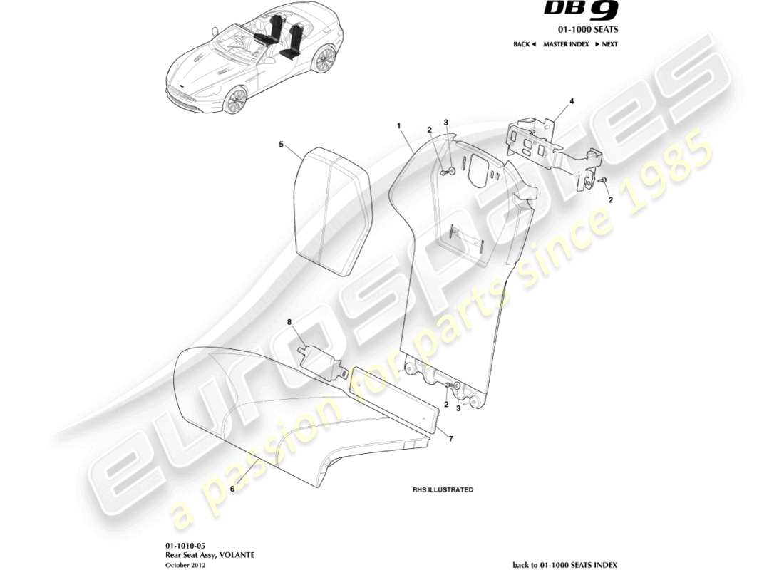 aston martin db9 (2014) rear seats, volante part diagram