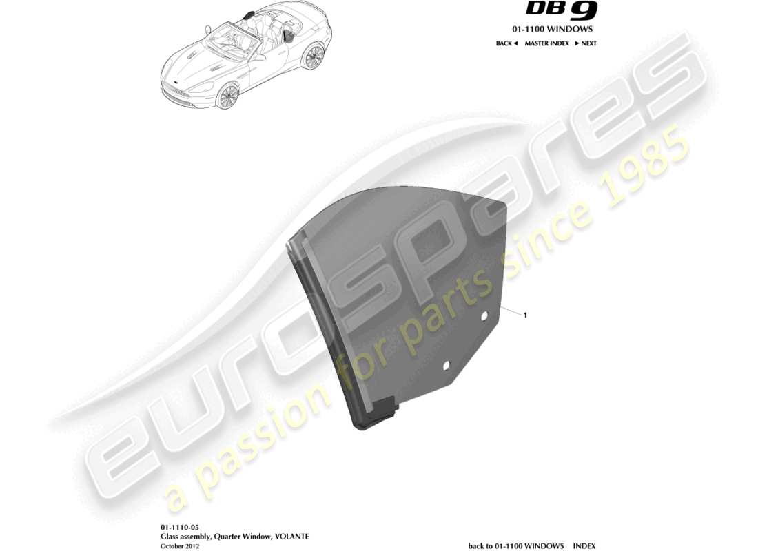 aston martin db9 (2014) rear quarter glass, volante part diagram