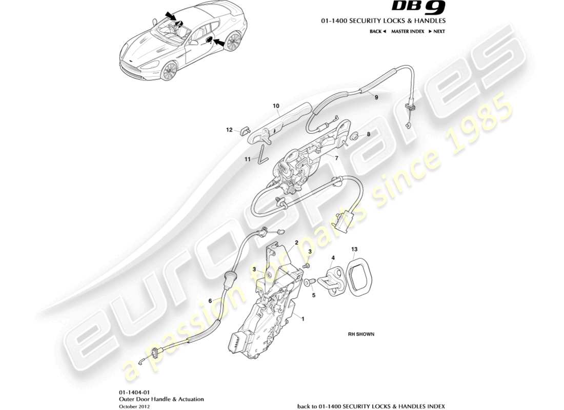 aston martin db9 (2014) outer handles & actuation part diagram