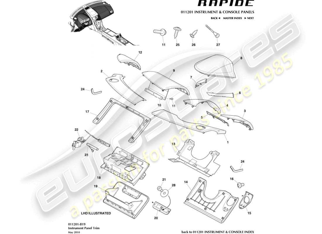 aston martin rapide (2011) ip trimmed panels part diagram