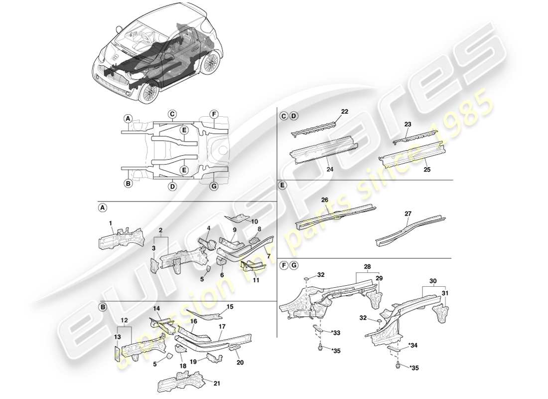 aston martin cygnet (2012) floor side members parts diagram