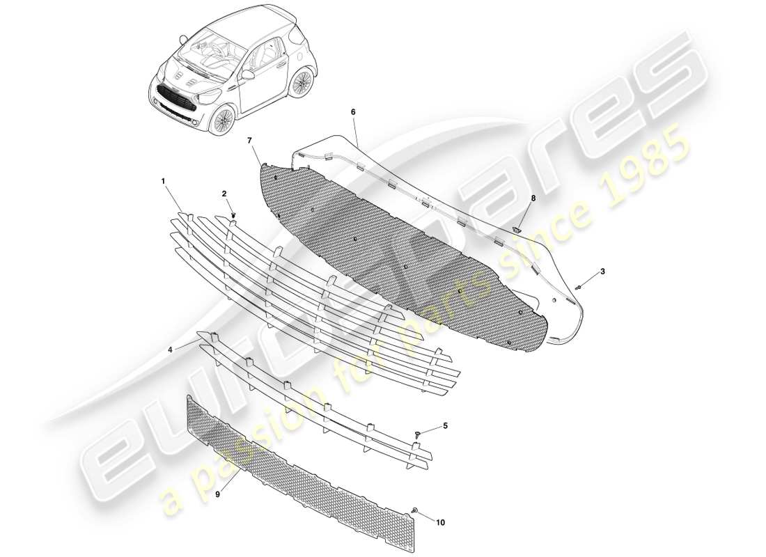 aston martin cygnet (2012) radiator grille parts diagram