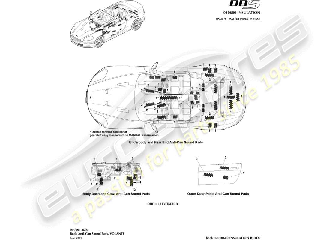 aston martin dbs (2007) anti-can sound pads, volante parts diagram