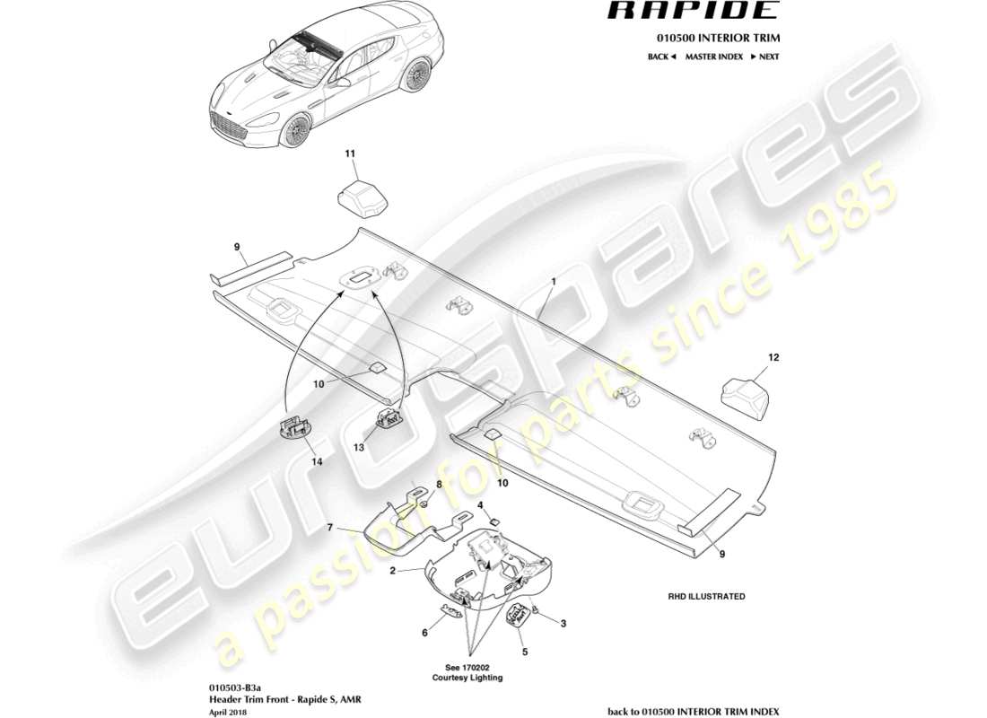 aston martin rapide (2011) front header trim, s part diagram