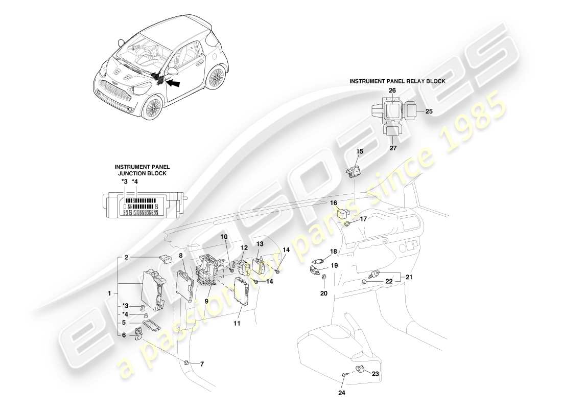 aston martin cygnet (2012) sensors and relays parts diagram